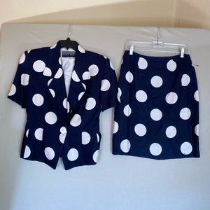 90s Ellen Tracy Polka Dot Navy Skirt Suit